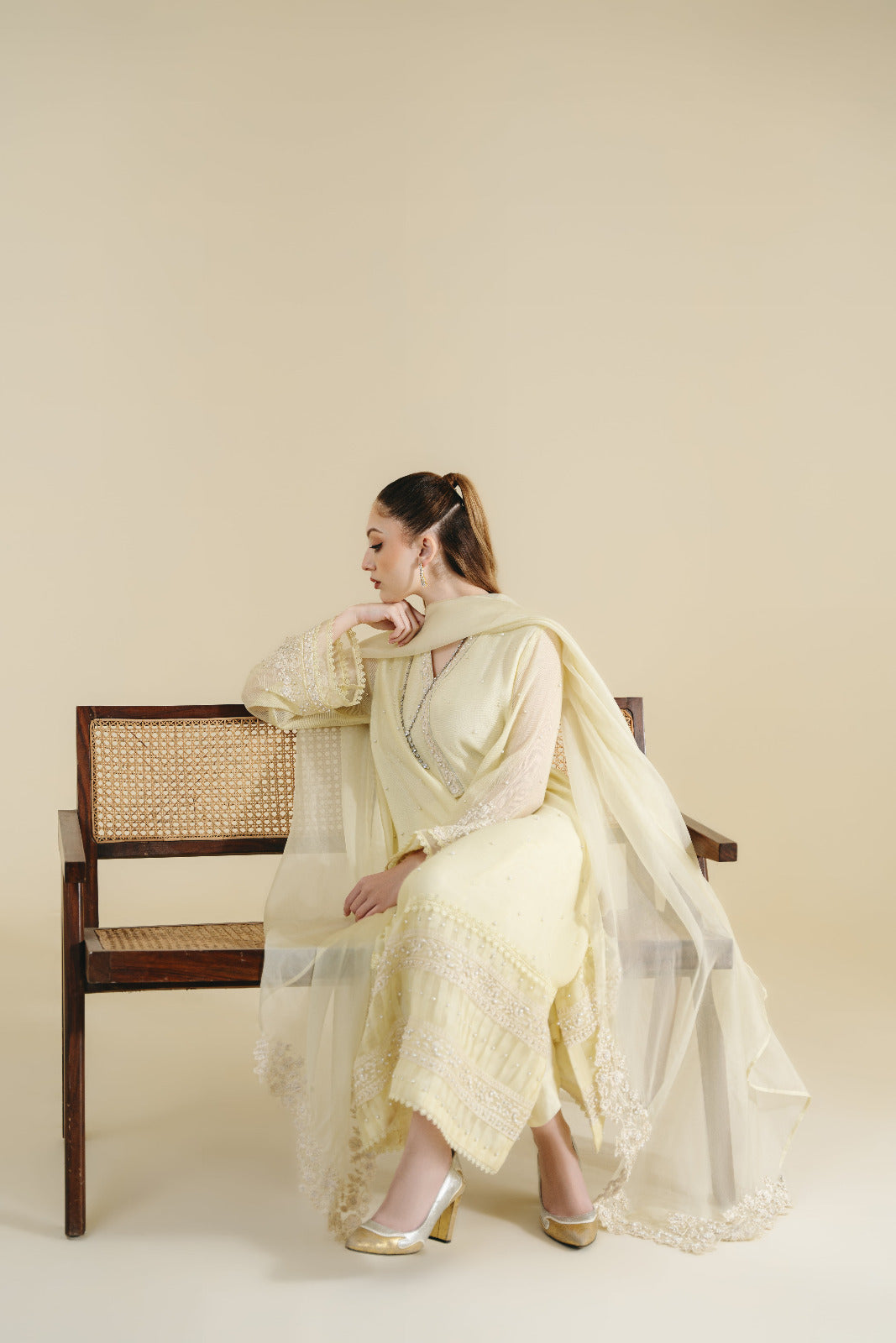 Pakistani Pastel Yellow Embellished Salwar Kameez (3-Piece) - Image 4