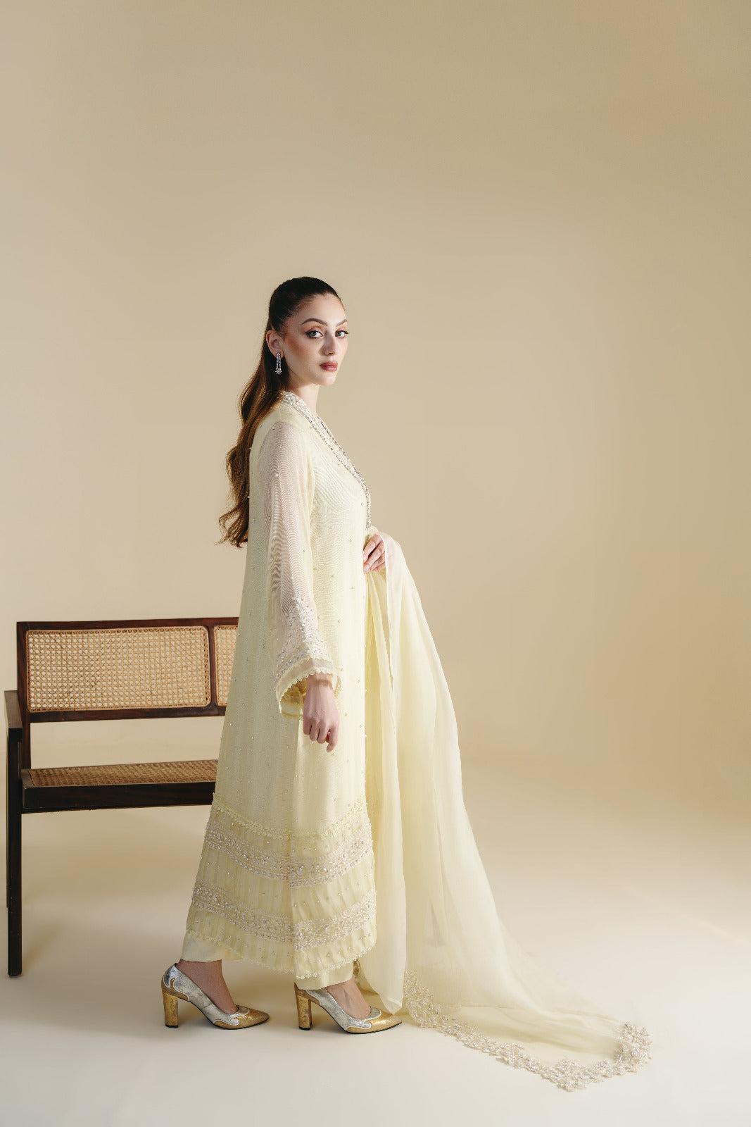 Pakistani Pastel Yellow Embellished Salwar Kameez (3-Piece) - Image 5