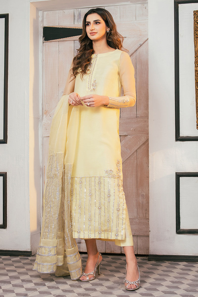 Pakistani Lemon Yellow Hand-Embellished Chiffon Salwar Kameez (3-Piece) - Image 1