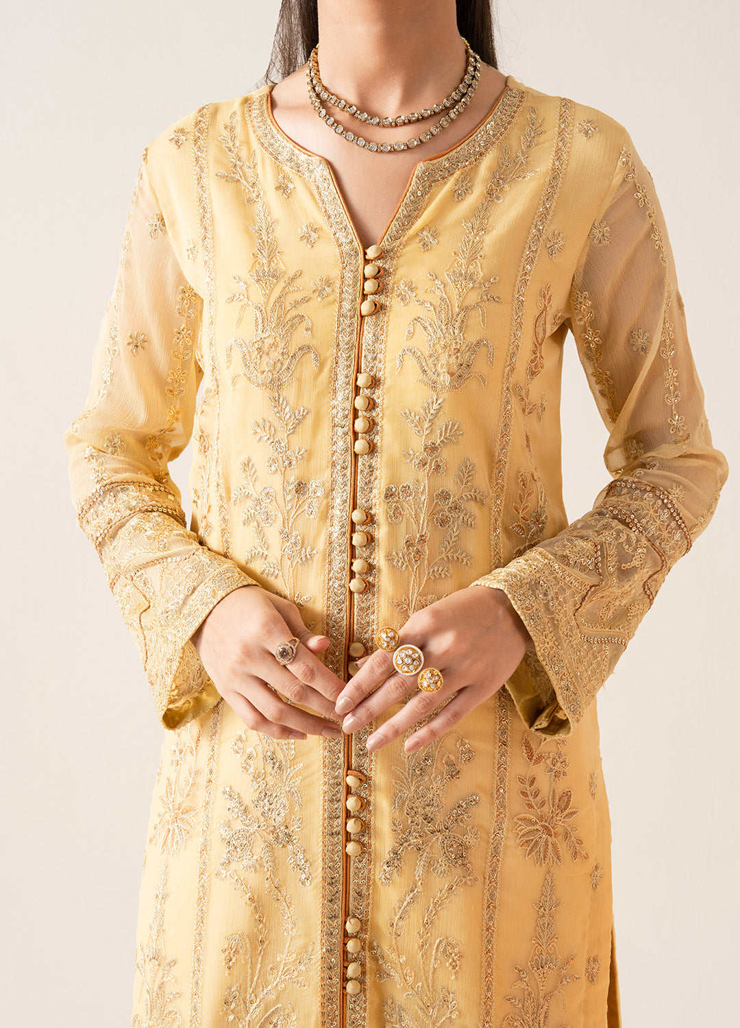 Pakistani Butter Yellow Embroidered Chiffon & Organza Salwar Kameez (3-Piece) - Image 2