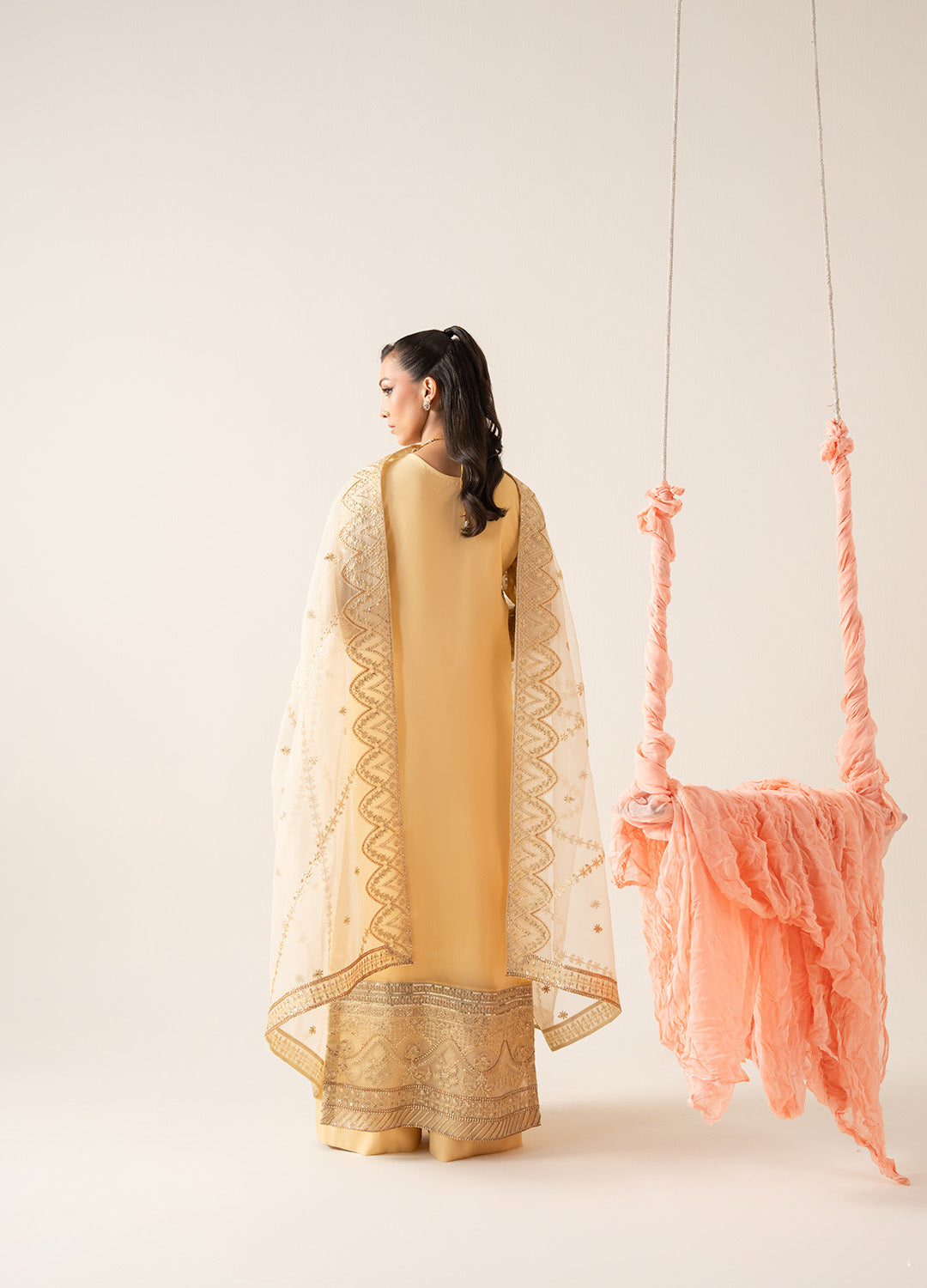 Pakistani Butter Yellow Embroidered Chiffon & Organza Salwar Kameez (3-Piece) - Image 3