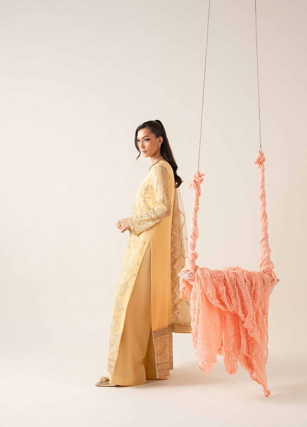 Pakistani Butter Yellow Embroidered Chiffon & Organza Salwar Kameez (3-Piece) - Image 4