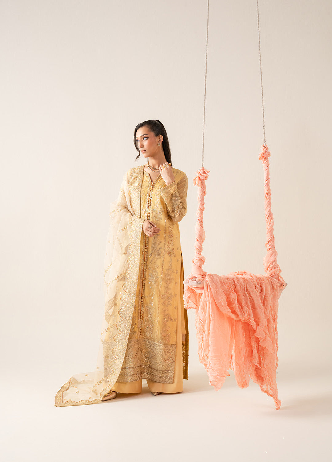 Pakistani Butter Yellow Embroidered Chiffon & Organza Salwar Kameez (3-Piece) - Image 5