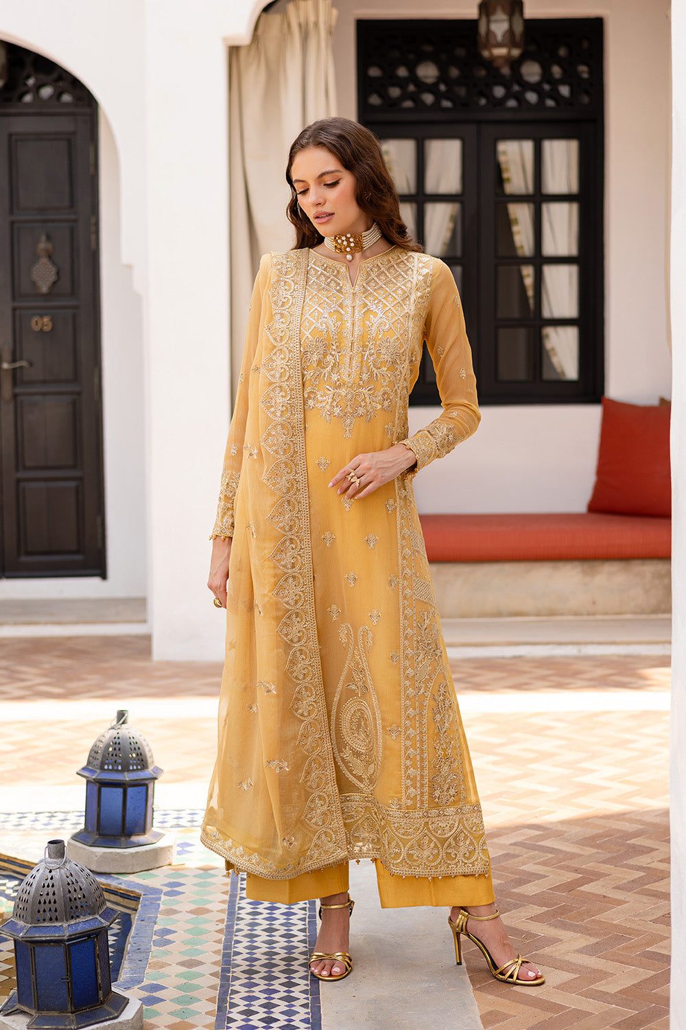 Honey Yellow Embroidered Chiffon & Organza Suit (3-Piece) - Image 1