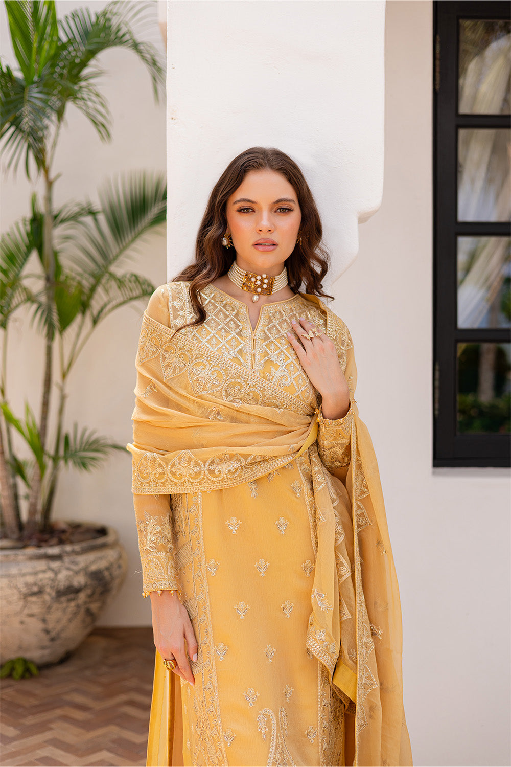 Honey Yellow Embroidered Chiffon & Organza Suit (3-Piece) - Image 2