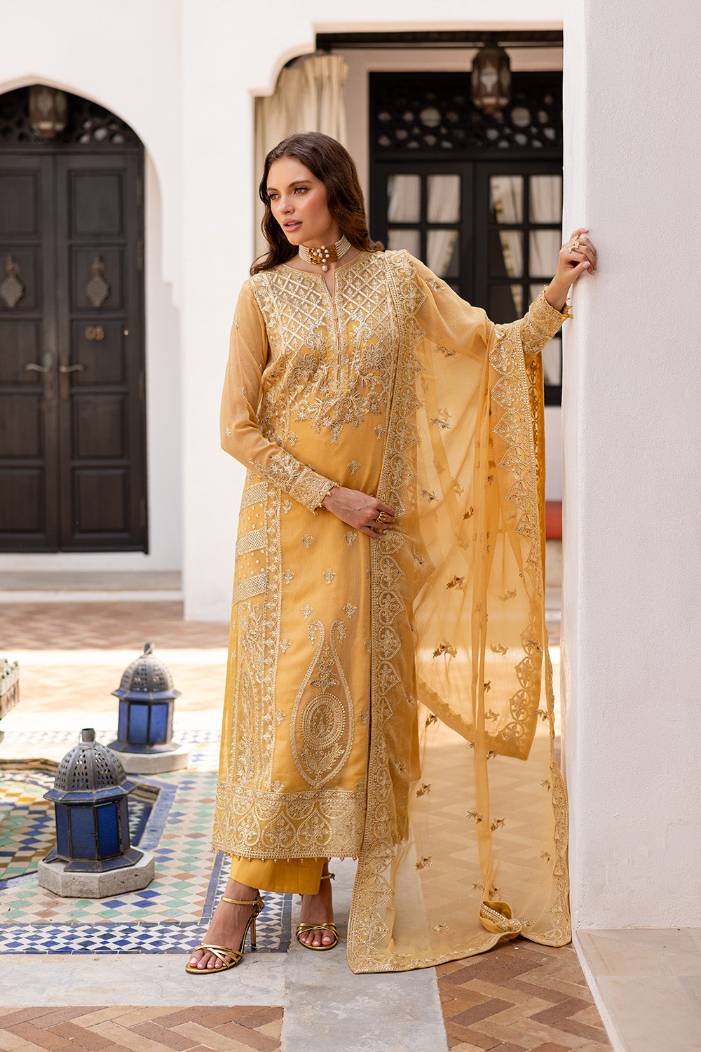 Honey Yellow Embroidered Chiffon & Organza Suit (3-Piece) - Image 4