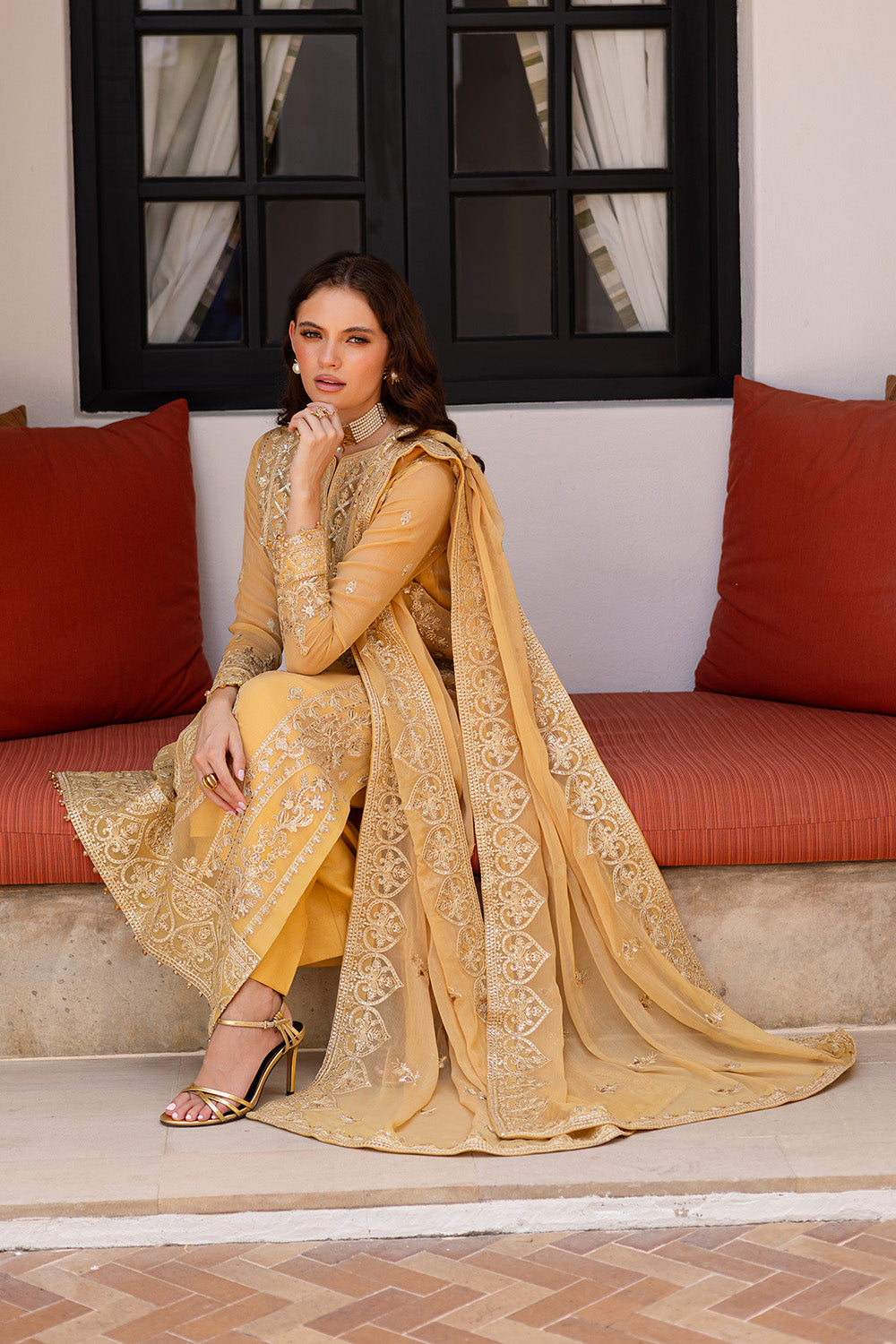 Honey Yellow Embroidered Chiffon & Organza Suit (3-Piece) - Image 5