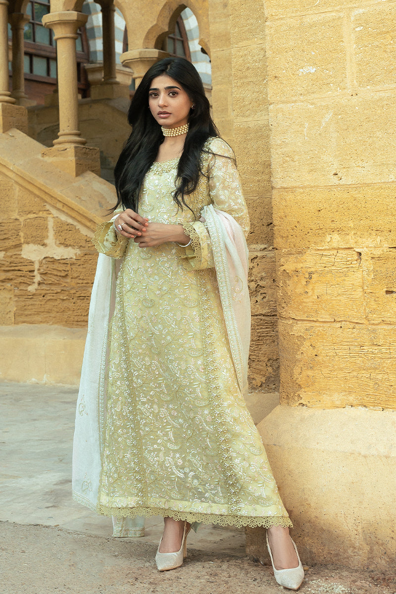 Pakistani Lime Yellow Embroidered Cotton Net Salwar Kameez (3-Piece) - Image 1