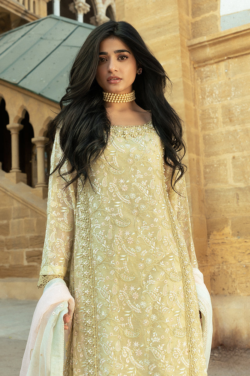 Pakistani Lime Yellow Embroidered Cotton Net Salwar Kameez (3-Piece) - Image 2