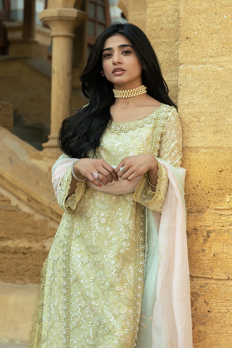 Pakistani Lime Yellow Embroidered Cotton Net Salwar Kameez (3-Piece) - Image 4