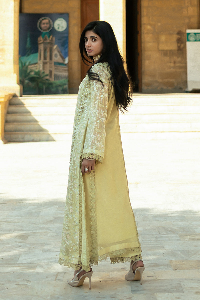 Pakistani Lime Yellow Embroidered Cotton Net Salwar Kameez (3-Piece) - Image 5