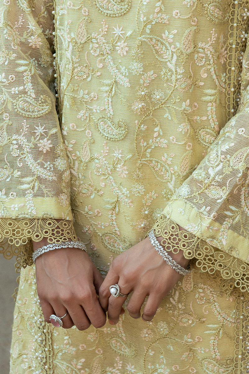 Pakistani Lime Yellow Embroidered Cotton Net Salwar Kameez (3-Piece) - Image 7