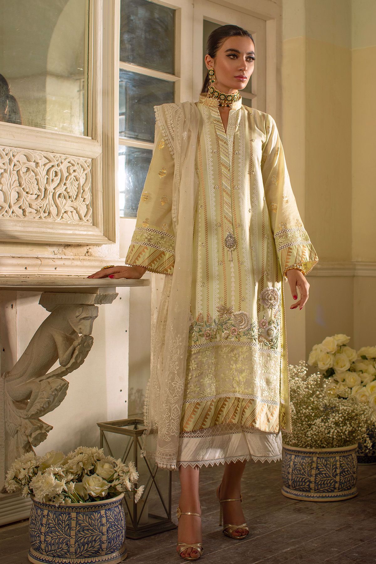 Pakistani Lime Yellow Embroidered Cotton Silk Salwar Kameez (3-Piece) - Image 1