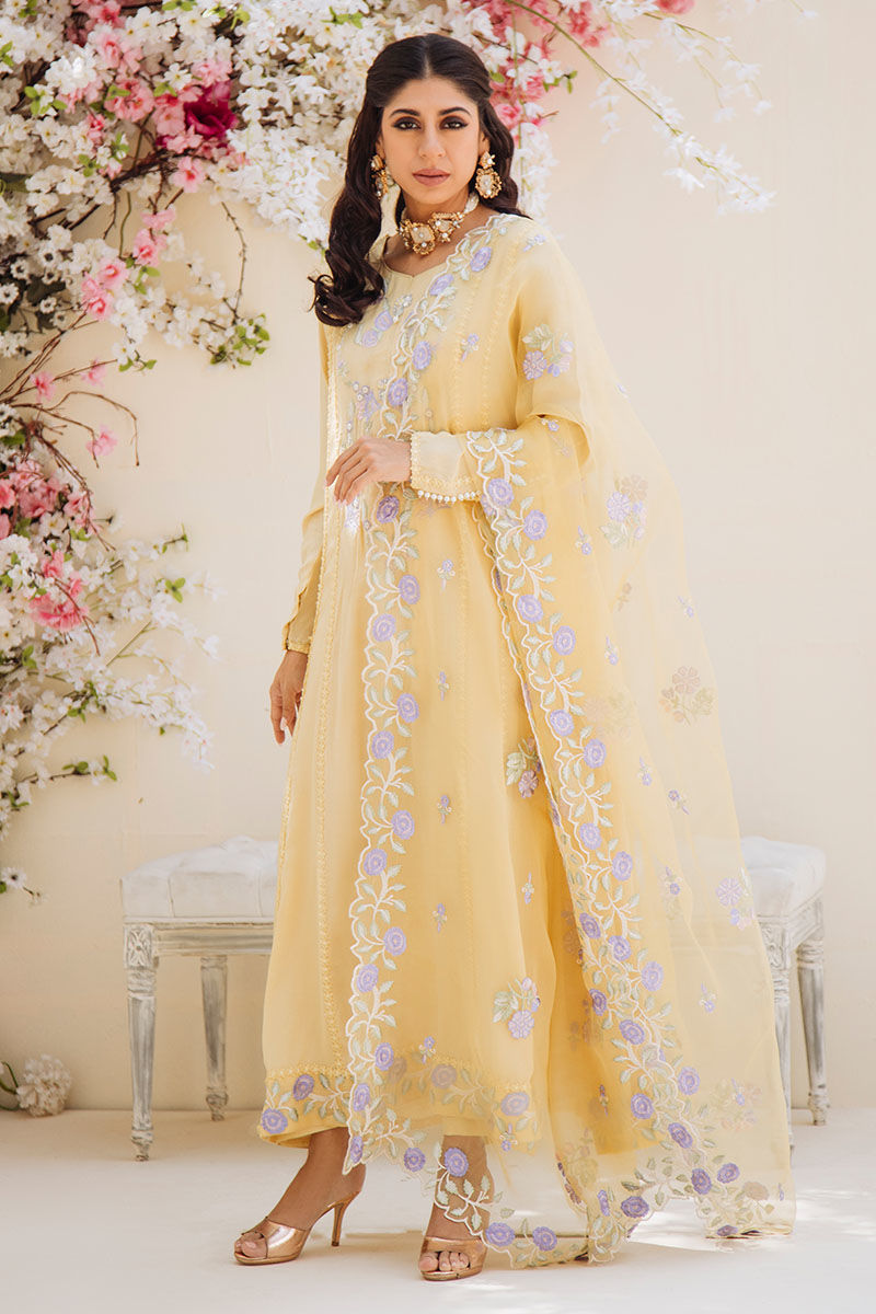Yellow Embroidered Pure Crepe Silk Salwar Kameez (3-Piece) - Image 1