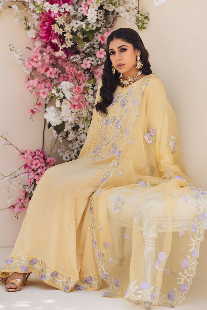 Yellow Embroidered Pure Crepe Silk Salwar Kameez (3-Piece) - Image 10