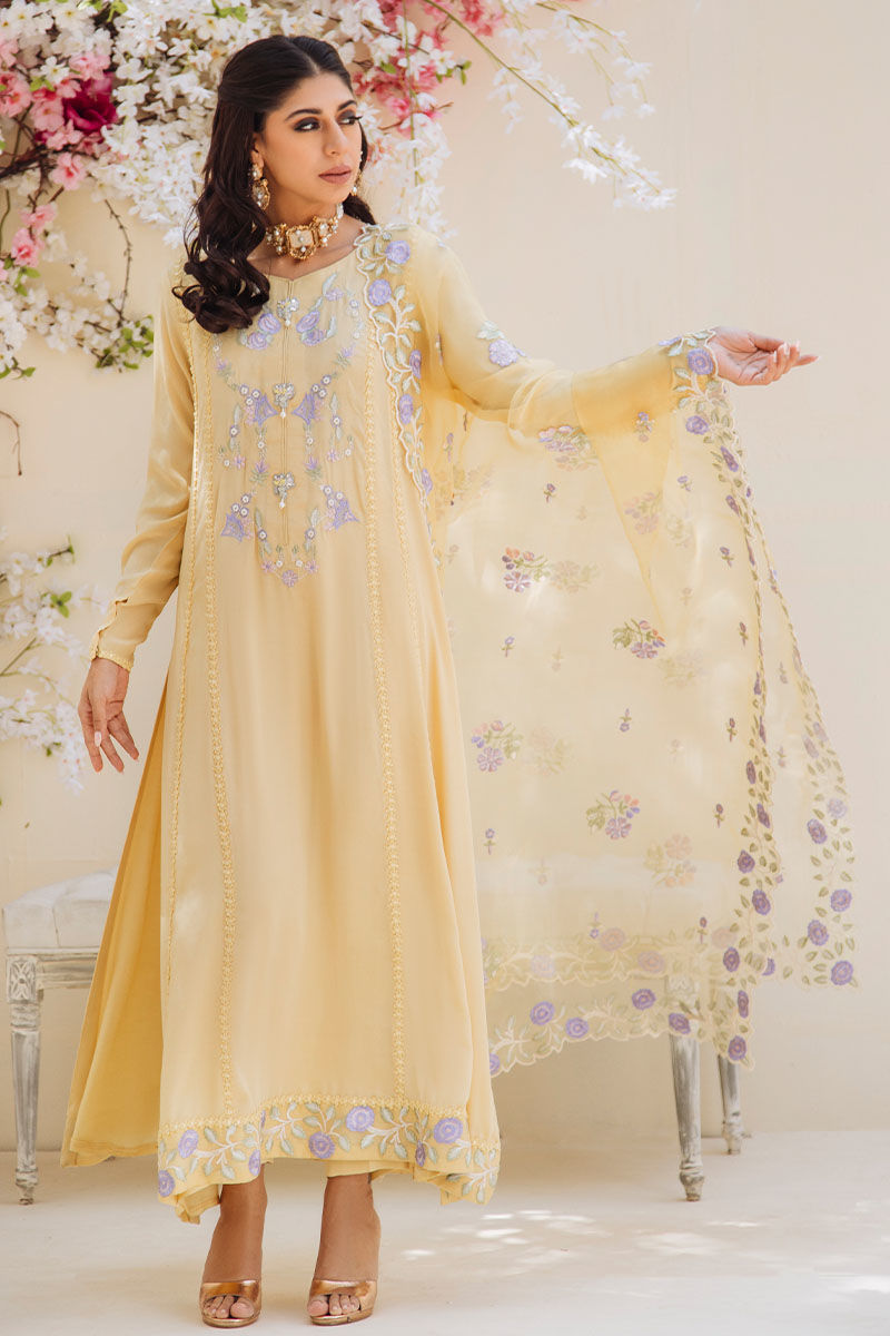 Yellow Embroidered Pure Crepe Silk Salwar Kameez (3-Piece) - Image 2