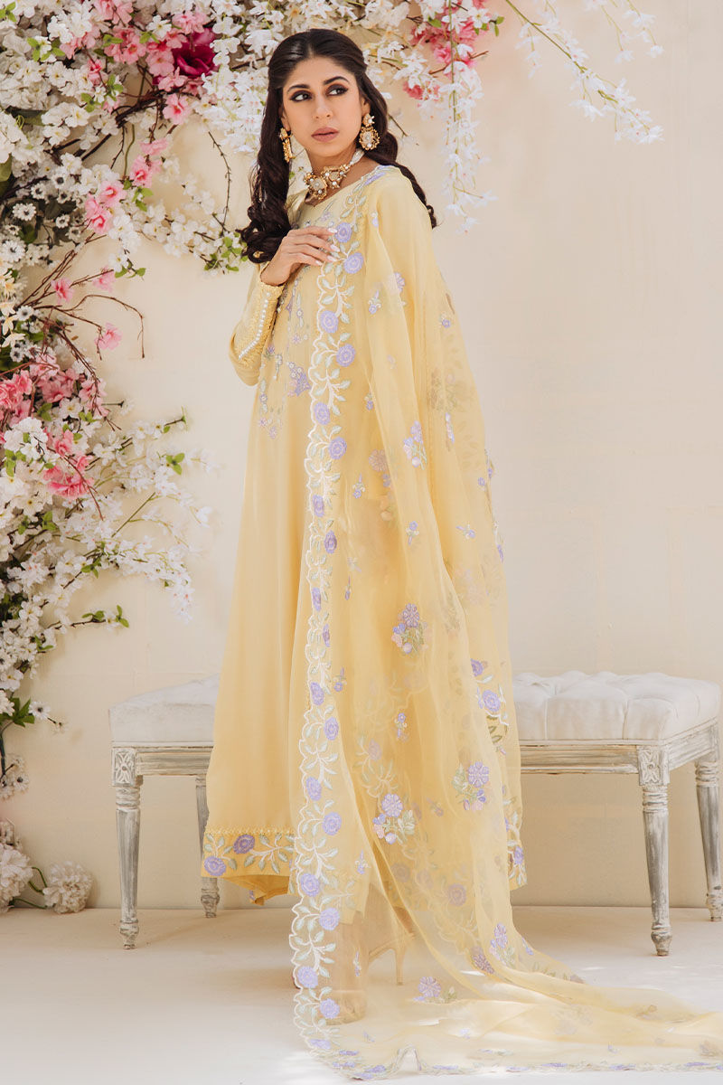 Yellow Embroidered Pure Crepe Silk Salwar Kameez (3-Piece) - Image 3