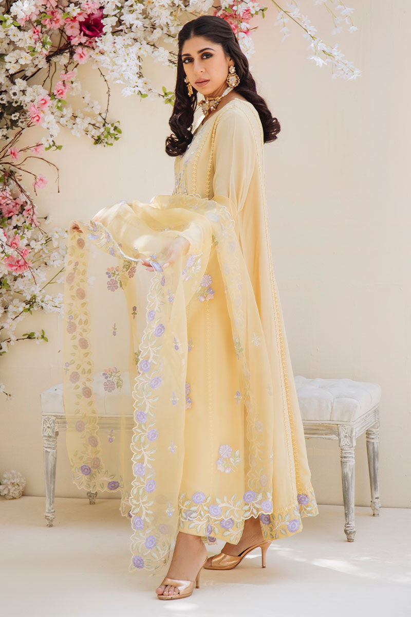 Yellow Embroidered Pure Crepe Silk Salwar Kameez (3-Piece) - Image 4