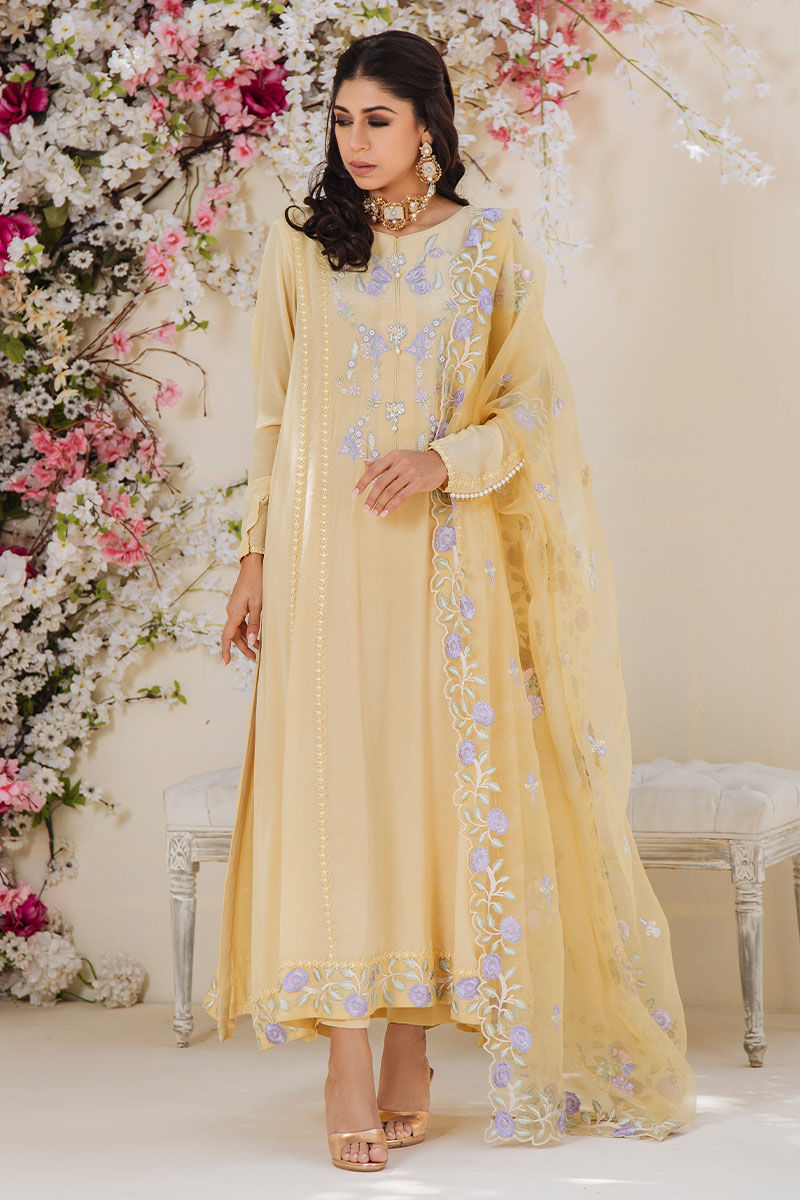 Yellow Embroidered Pure Crepe Silk Salwar Kameez (3-Piece) - Image 5
