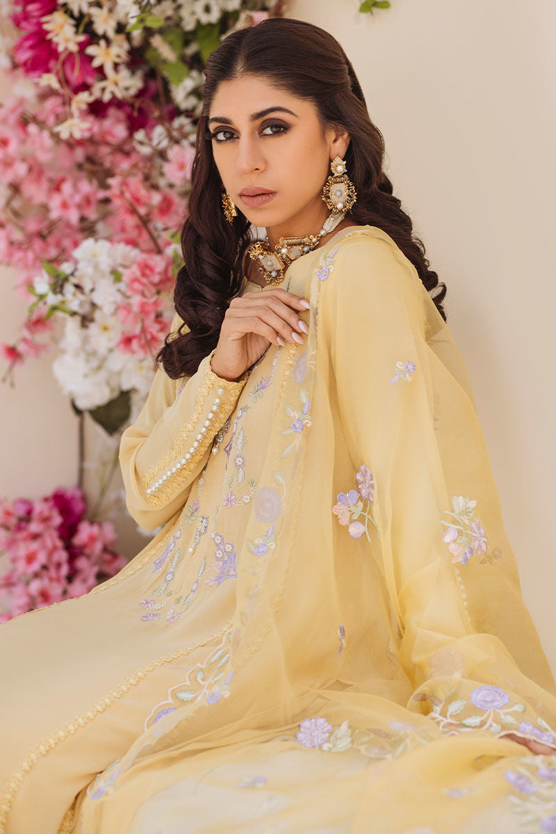 Yellow Embroidered Pure Crepe Silk Salwar Kameez (3-Piece) - Image 6