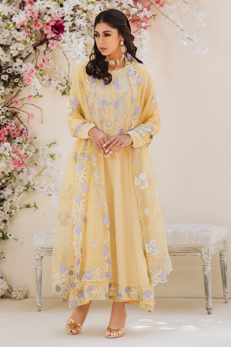 Yellow Embroidered Pure Crepe Silk Salwar Kameez (3-Piece) - Image 8