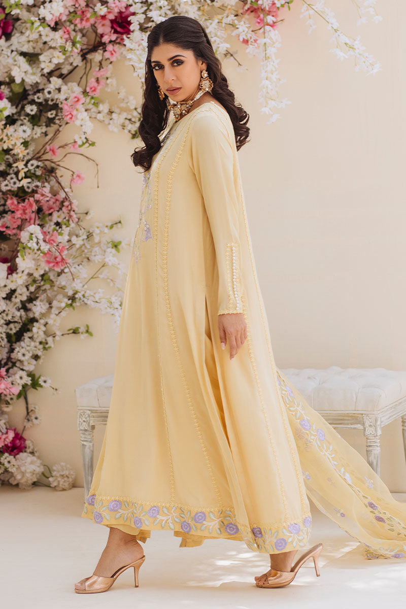 Yellow Embroidered Pure Crepe Silk Salwar Kameez (3-Piece) - Image 9