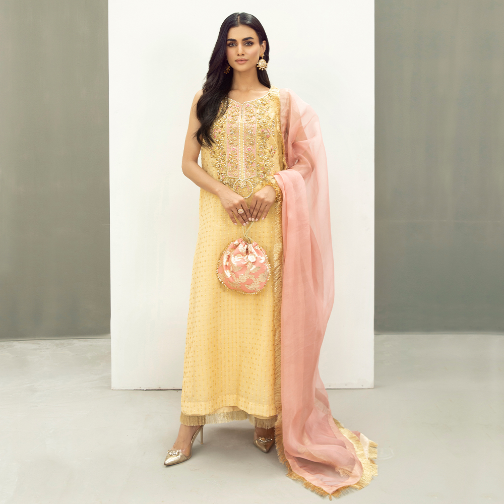 Pakistani Pastel Yellow Gangajamni Khaddi Net Salwar Kameez (3-Piece) - Image 1