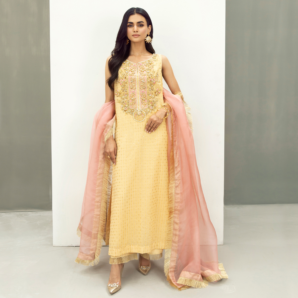 Pakistani Pastel Yellow Gangajamni Khaddi Net Salwar Kameez (3-Piece) - Image 2