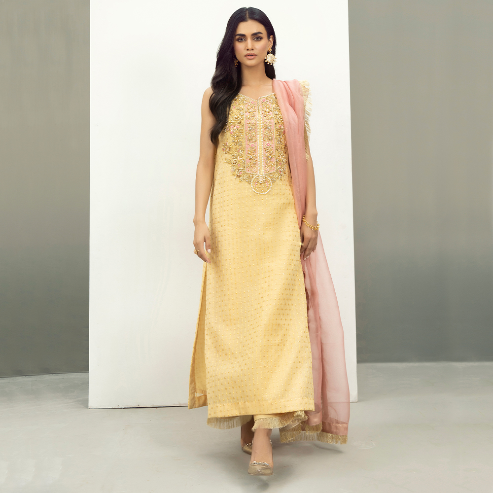 Pakistani Pastel Yellow Gangajamni Khaddi Net Salwar Kameez (3-Piece) - Image 3