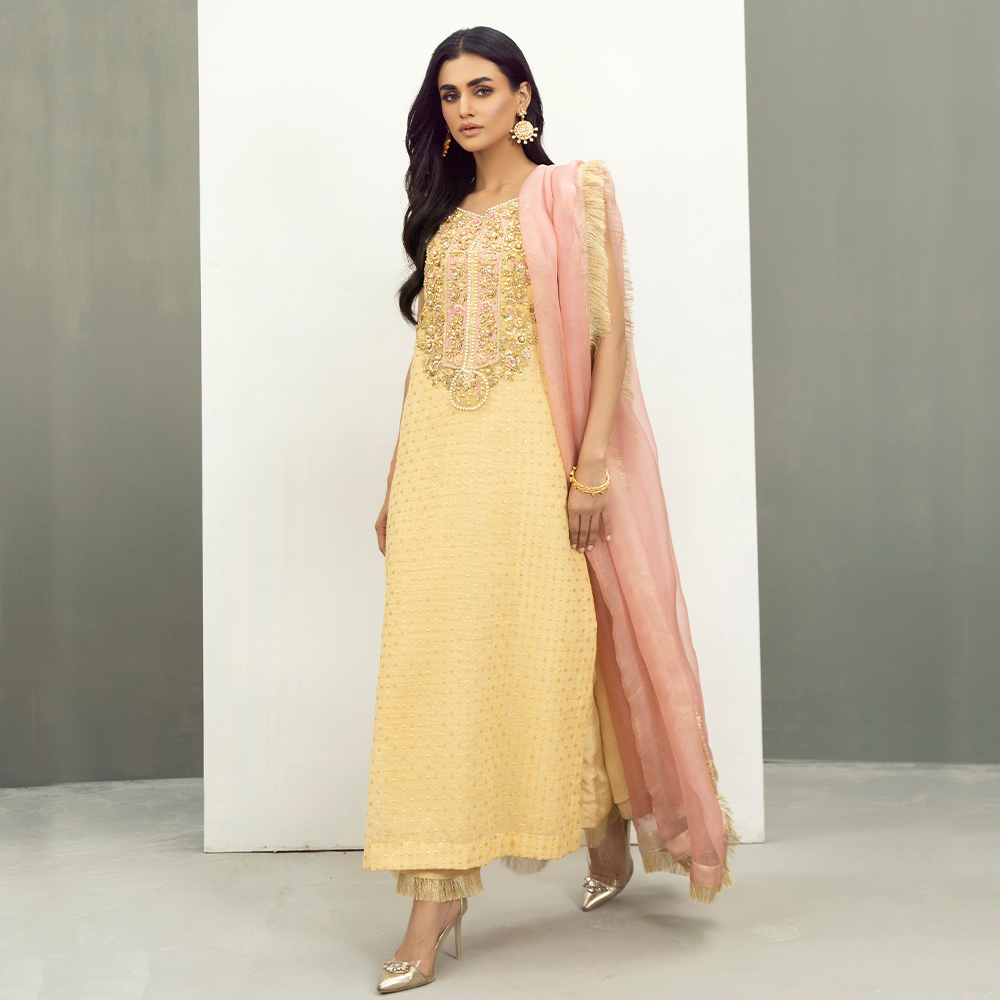 Pakistani Pastel Yellow Gangajamni Khaddi Net Salwar Kameez (3-Piece) - Image 4