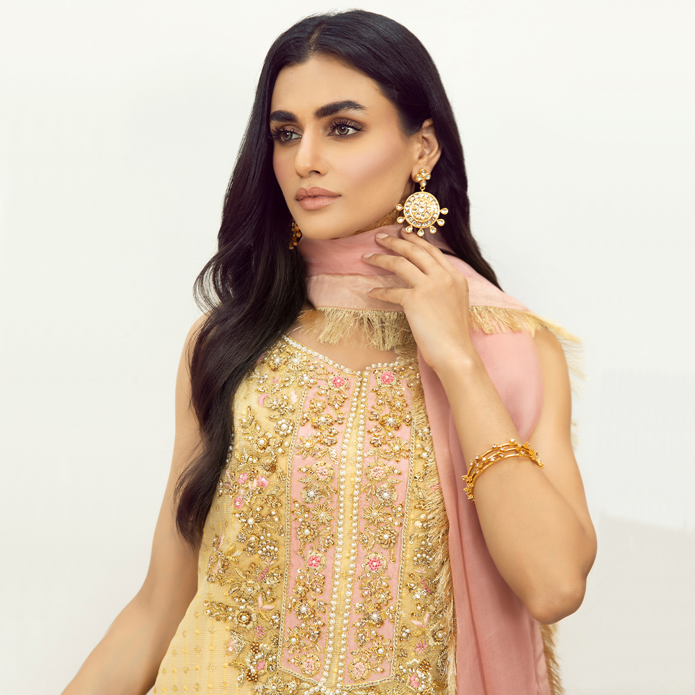 Pakistani Pastel Yellow Gangajamni Khaddi Net Salwar Kameez (3-Piece) - Image 5