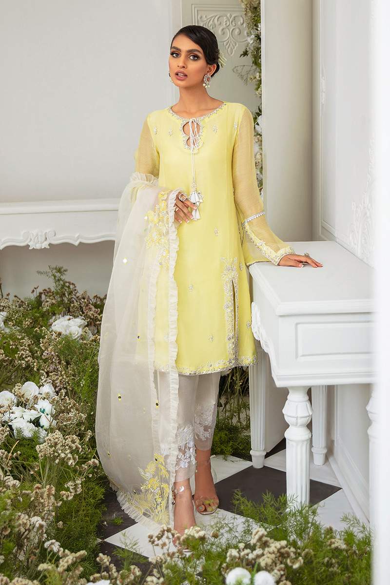 Pakistani Blonde Yellow Embroidered Khaddi Net Salwar Kameez (3-Piece) - Image 1