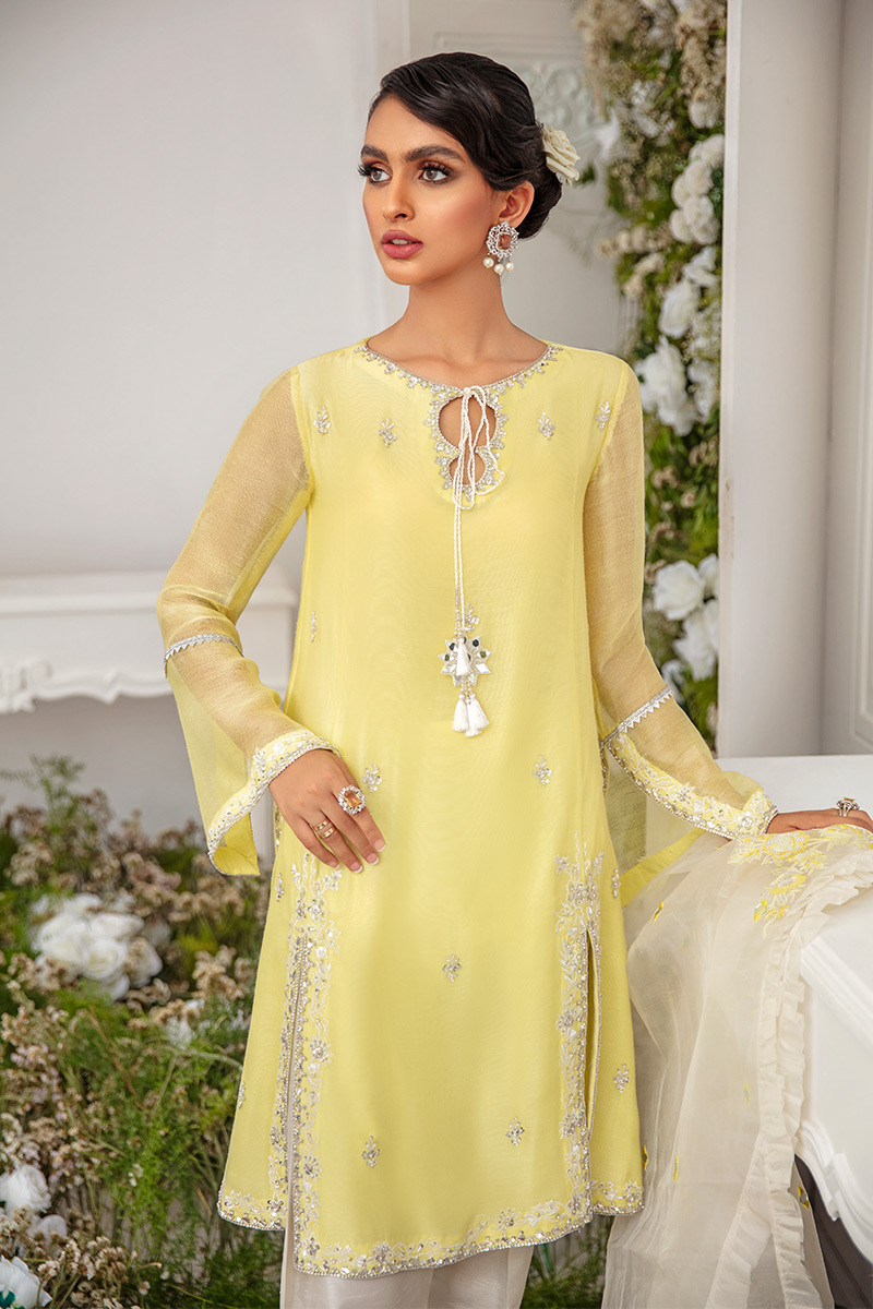 Pakistani Blonde Yellow Embroidered Khaddi Net Salwar Kameez (3-Piece) - Image 6