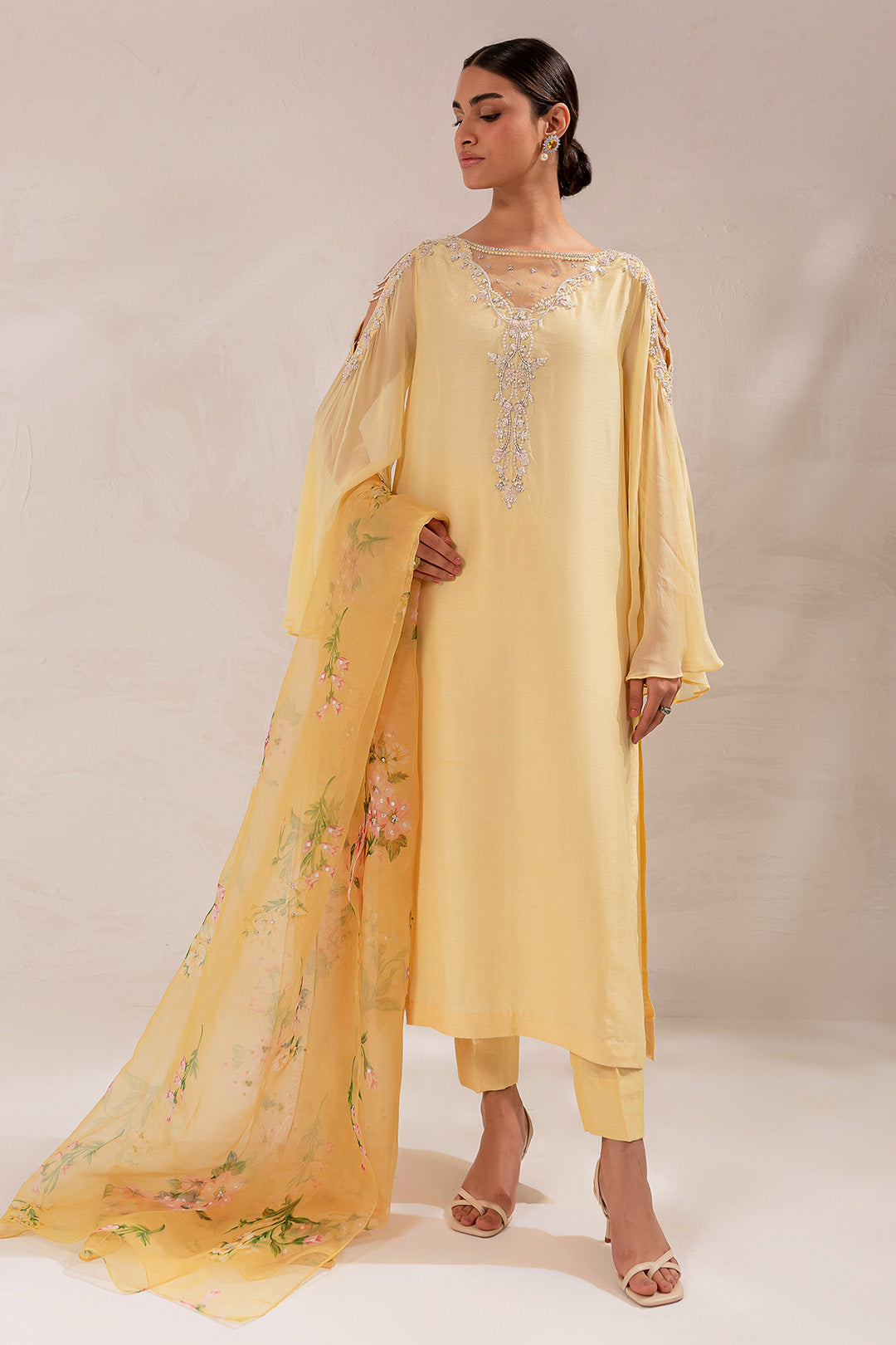 Soft Yellow Hand Embellished Silk Salwar Kameez (3-Piece) - Image 1
