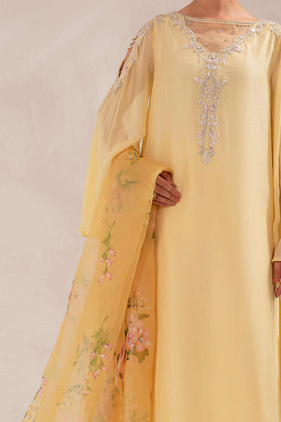 Soft Yellow Hand Embellished Silk Salwar Kameez (3-Piece) - Image 2