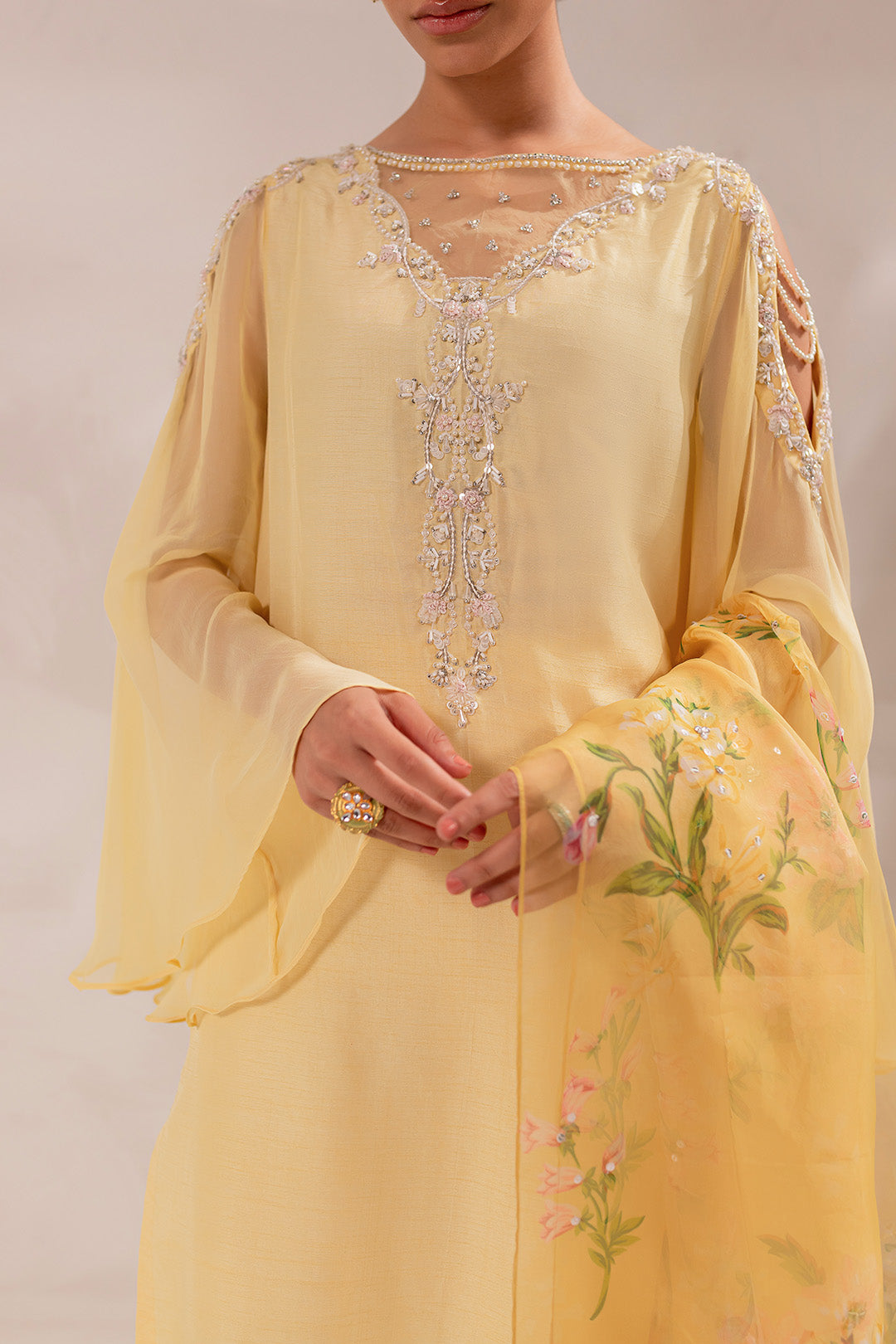Soft Yellow Hand Embellished Silk Salwar Kameez (3-Piece) - Image 3
