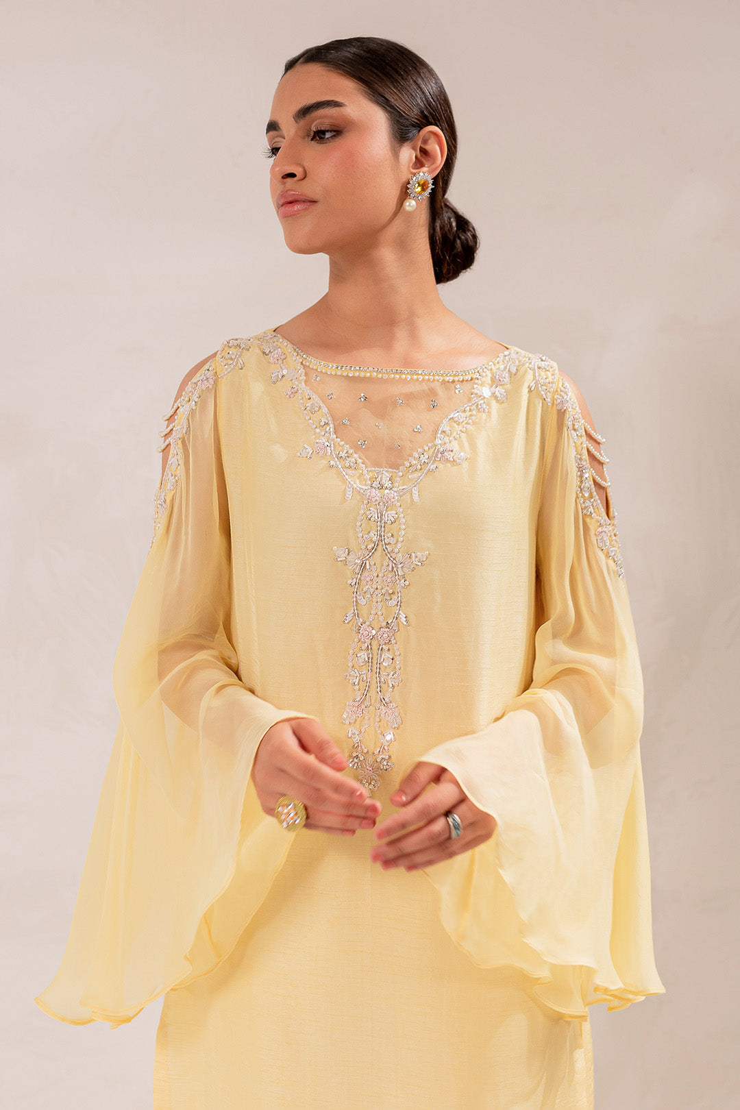 Soft Yellow Hand Embellished Silk Salwar Kameez (3-Piece) - Image 4