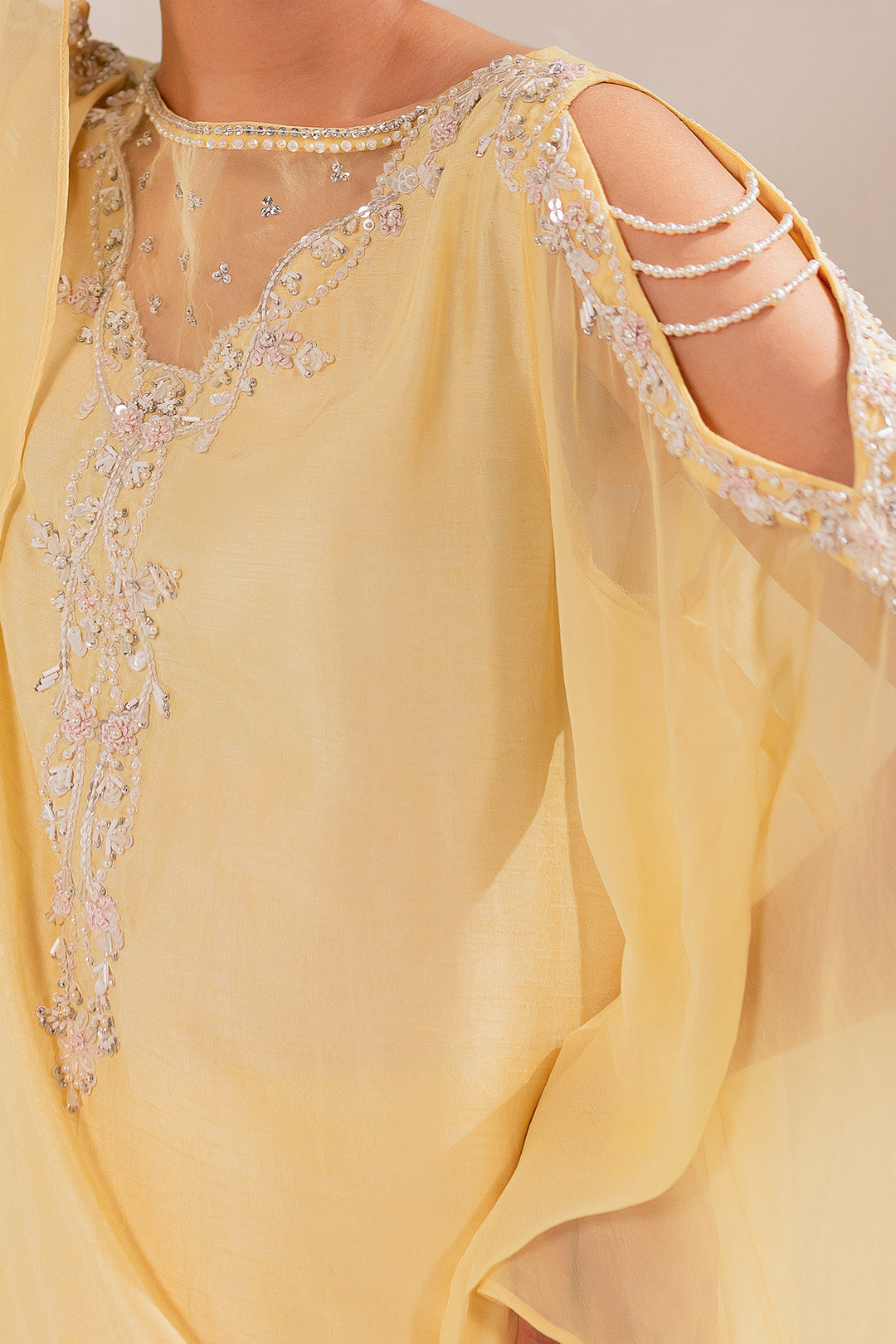 Soft Yellow Hand Embellished Silk Salwar Kameez (3-Piece) - Image 6