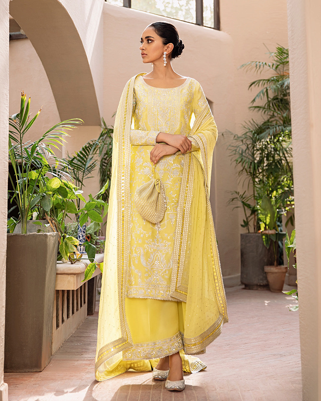 Lemon Yellow Embroidered Korean Raw Silk Kameez (3-Piece) - Image 1
