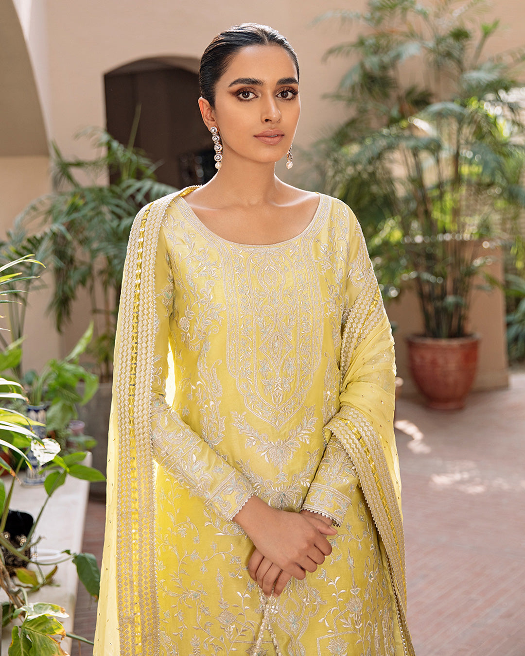 Lemon Yellow Embroidered Korean Raw Silk Kameez (3-Piece) - Image 2