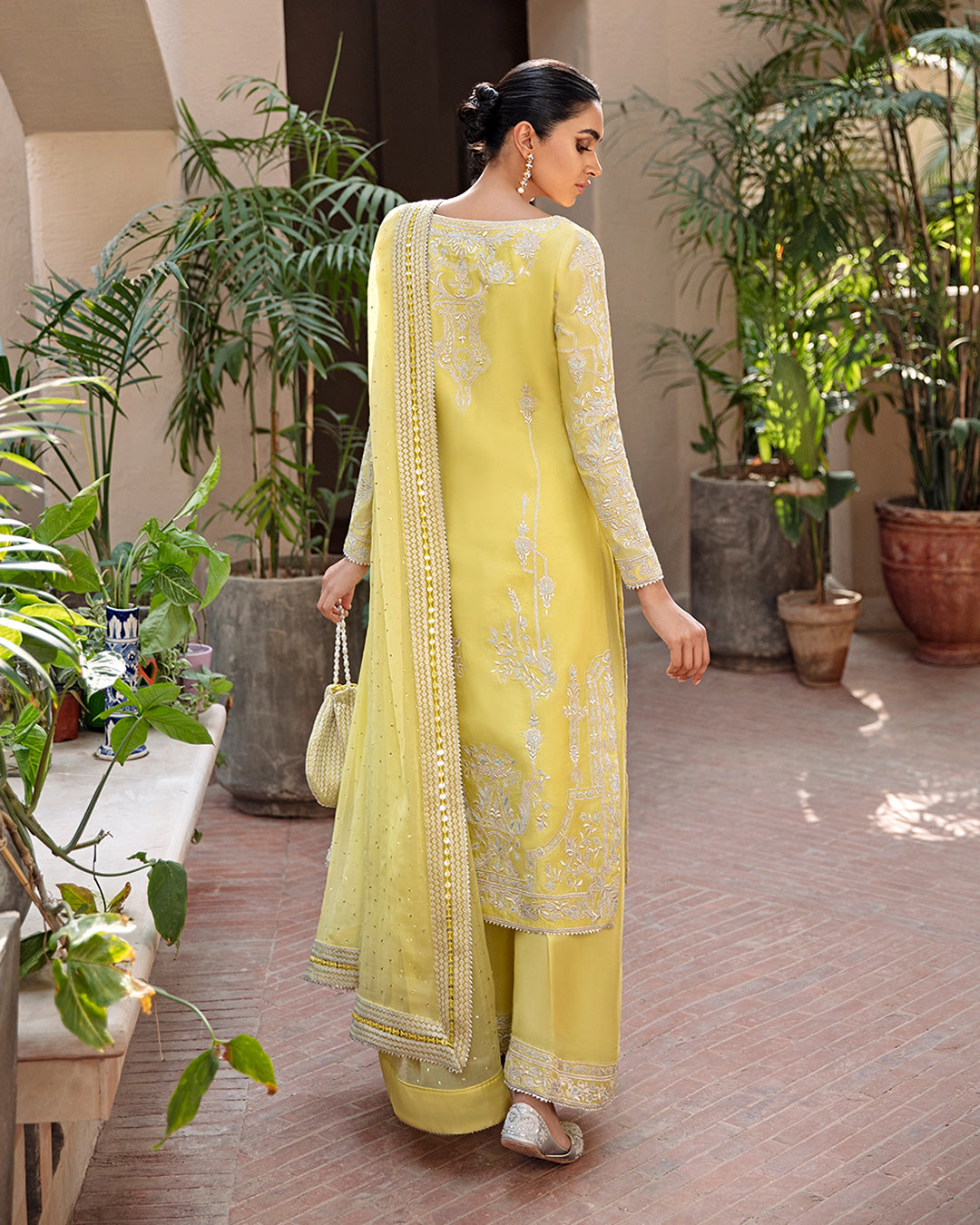 Lemon Yellow Embroidered Korean Raw Silk Kameez (3-Piece) - Image 3