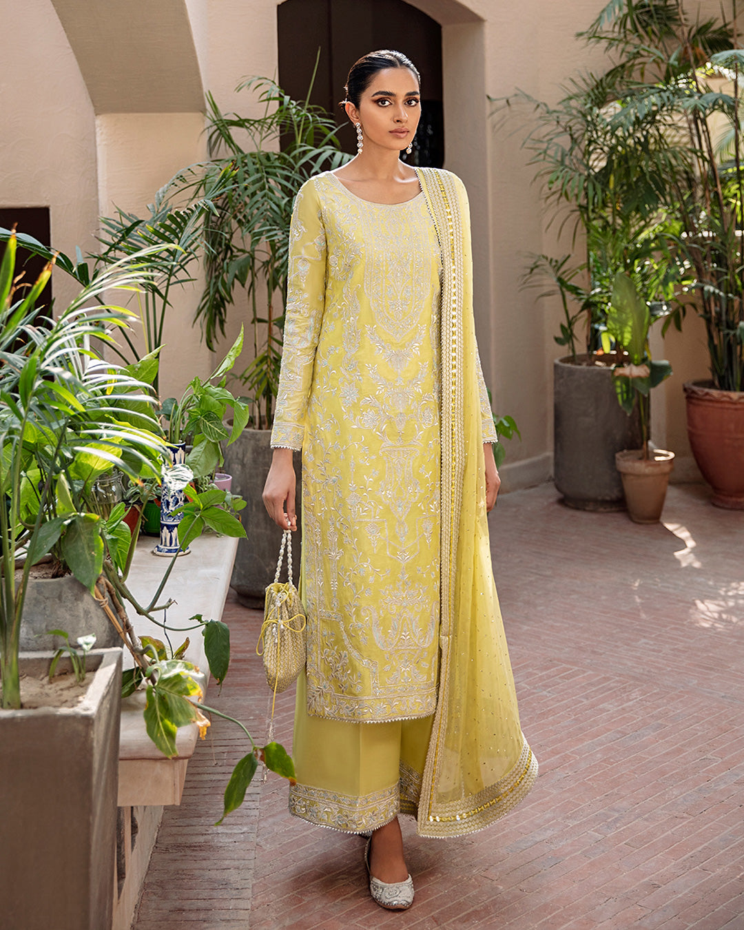 Lemon Yellow Embroidered Korean Raw Silk Kameez (3-Piece) - Image 4
