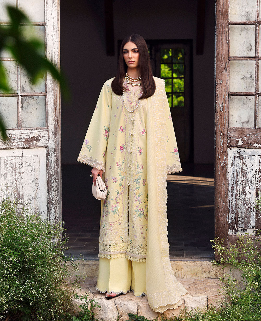 Pakistani Lemon Yellow Embroidered Lawn Salwar Kameez (3-Piece) - Image 1