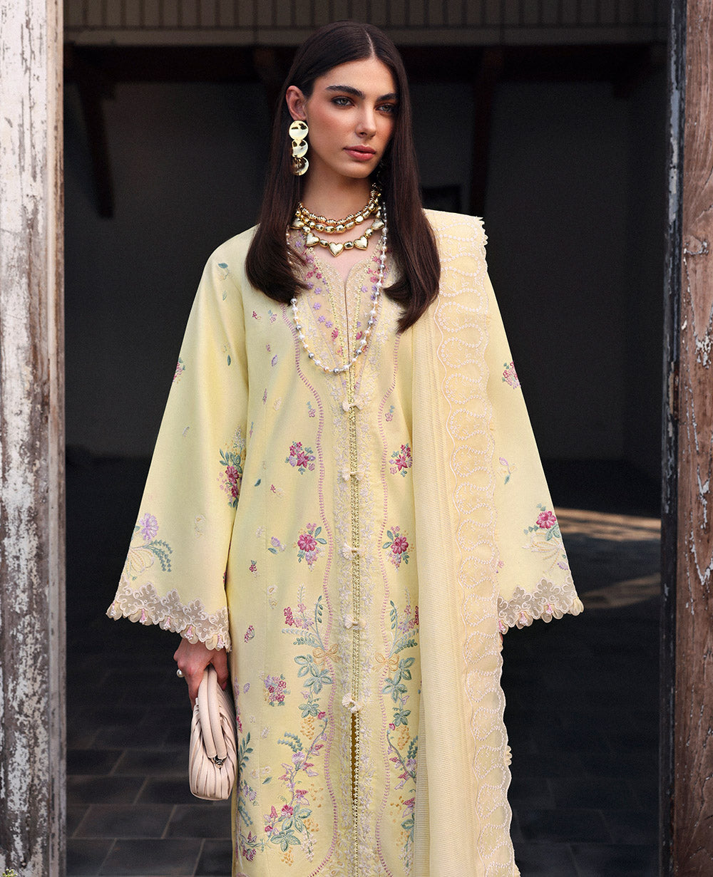 Pakistani Lemon Yellow Embroidered Lawn Salwar Kameez (3-Piece) - Image 3