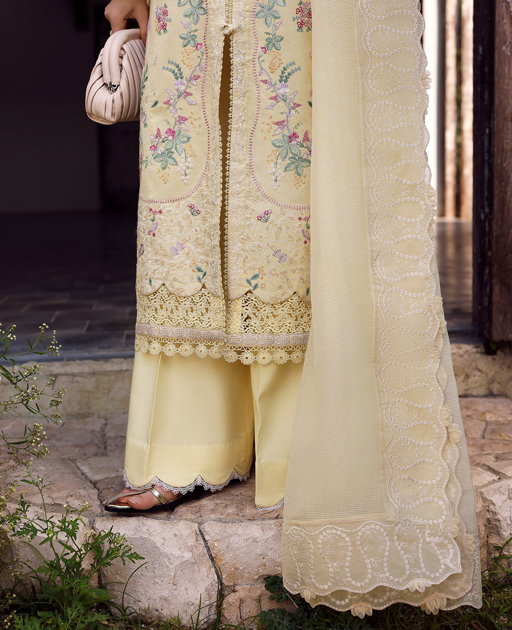 Pakistani Lemon Yellow Embroidered Lawn Salwar Kameez (3-Piece) - Image 5
