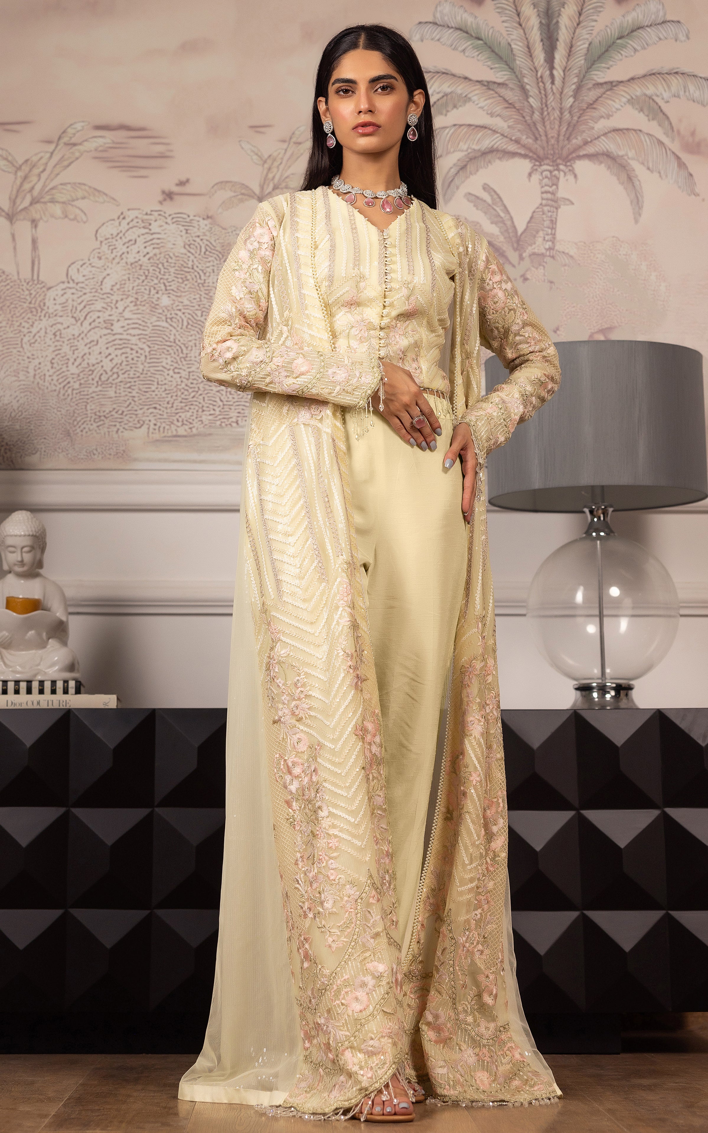 Pakistani Pale Lemon Embroidered Net Long Jacket Dress (3-Piece) - Image 1