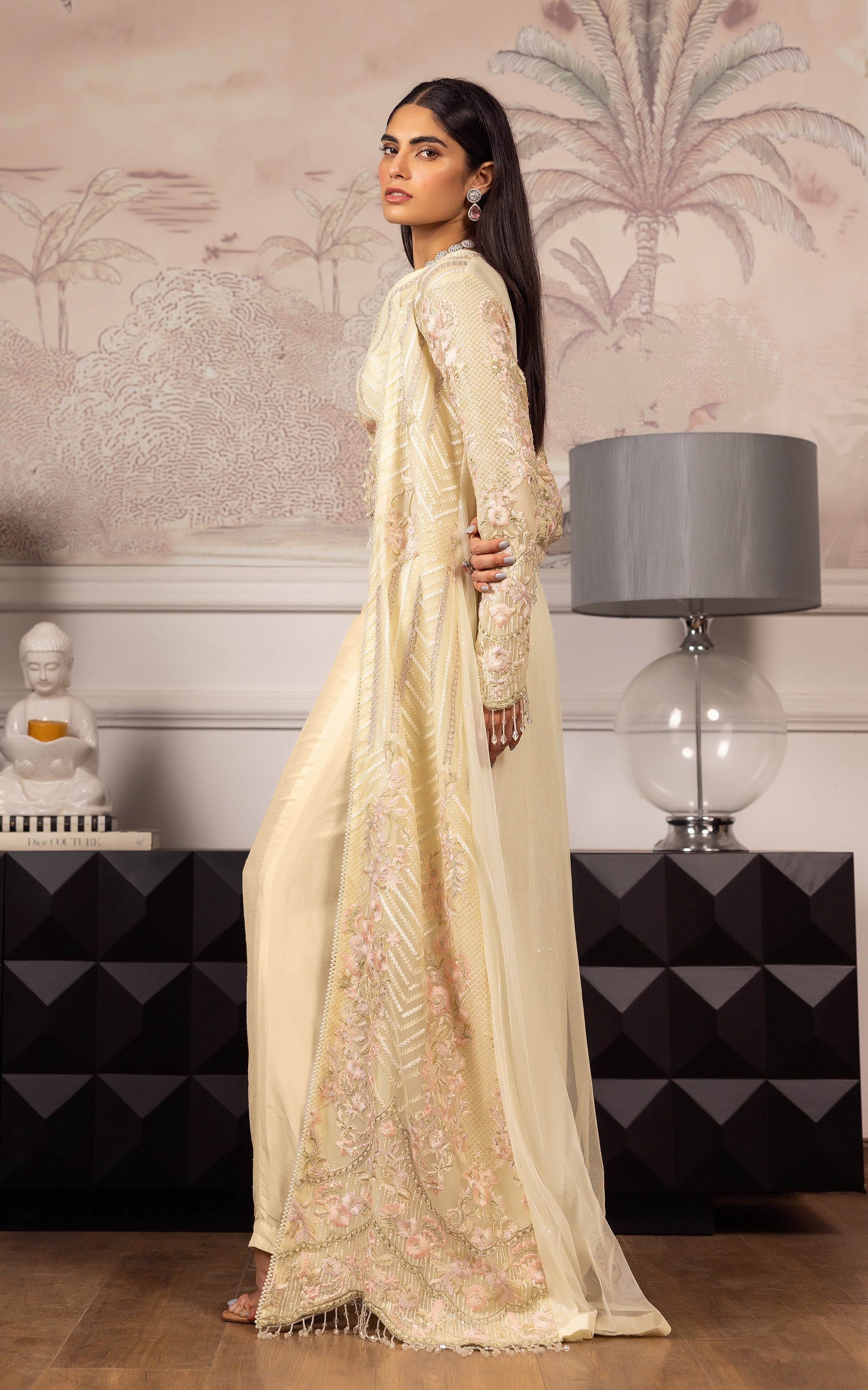 Pakistani Pale Lemon Embroidered Net Long Jacket Dress (3-Piece) - Image 3