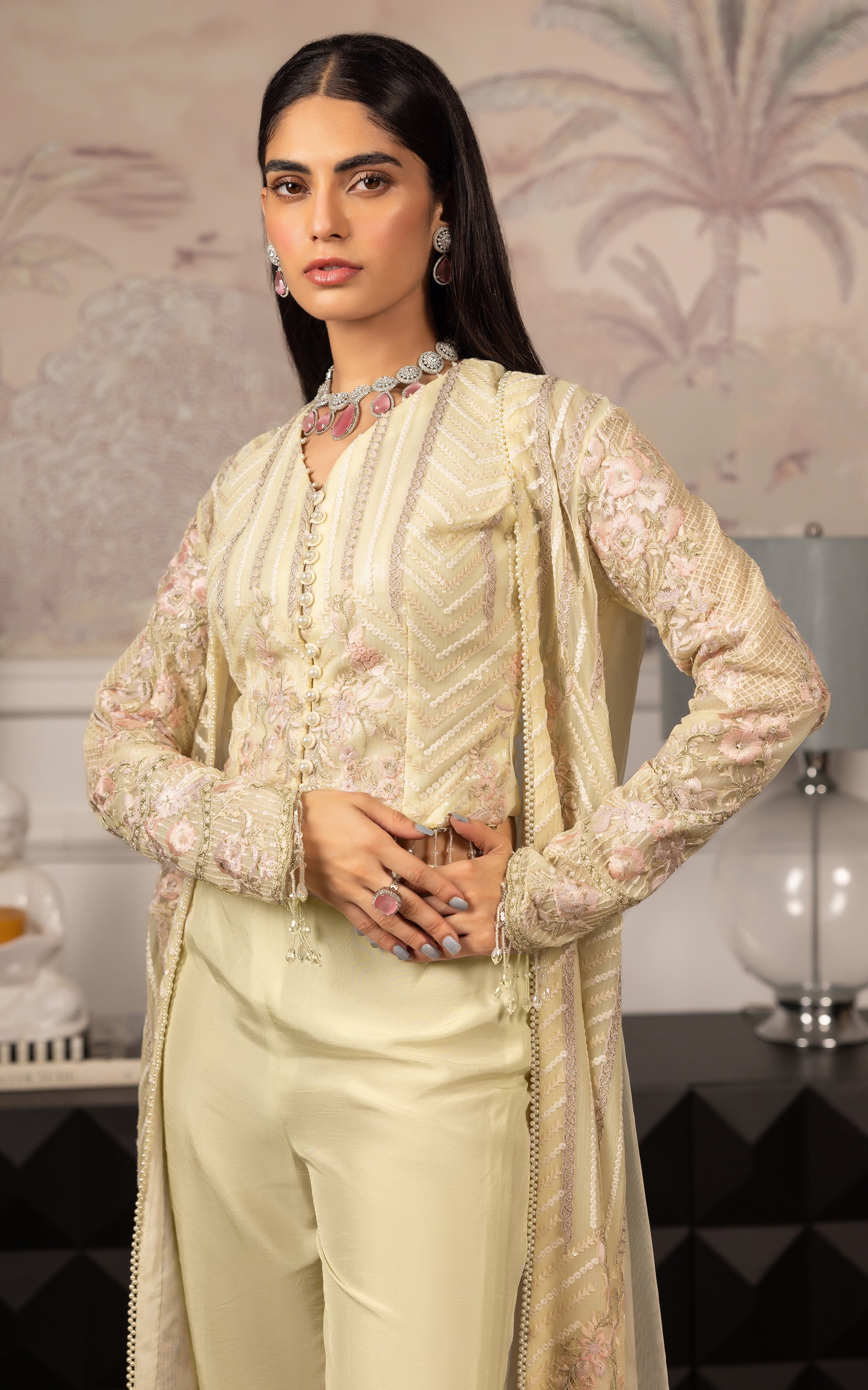 Pakistani Pale Lemon Embroidered Net Long Jacket Dress (3-Piece) - Image 4