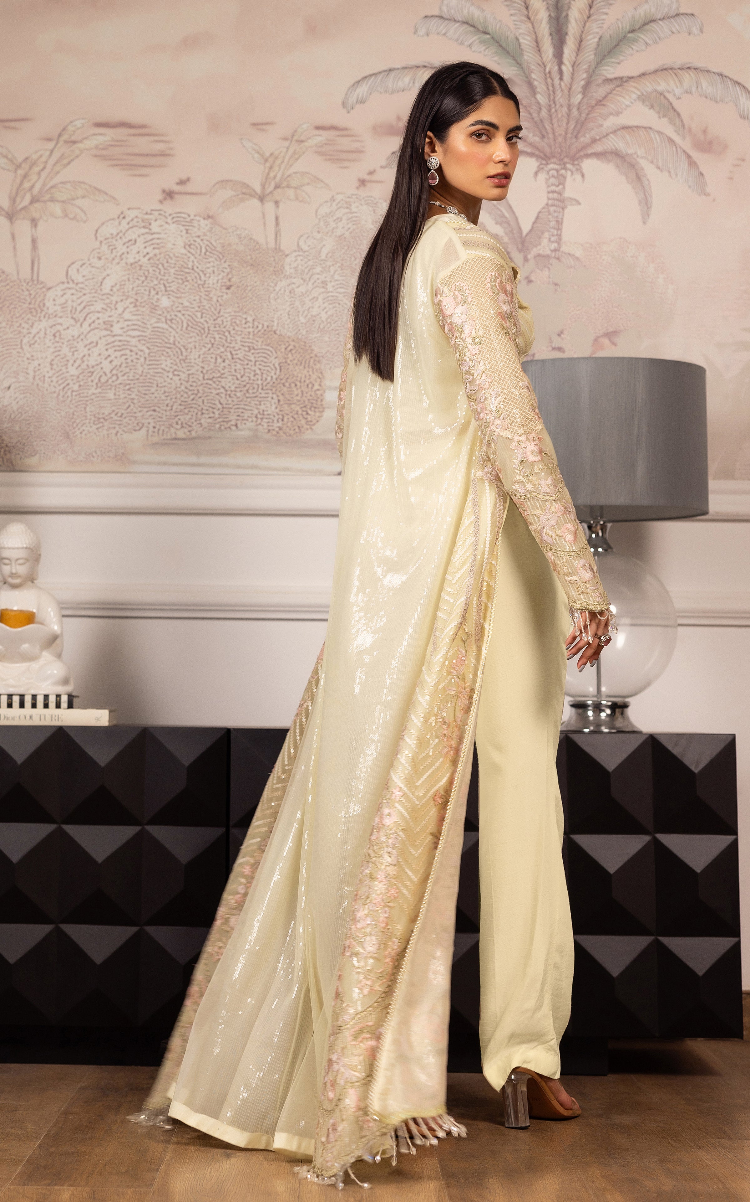 Pakistani Pale Lemon Embroidered Net Long Jacket Dress (3-Piece) - Image 5
