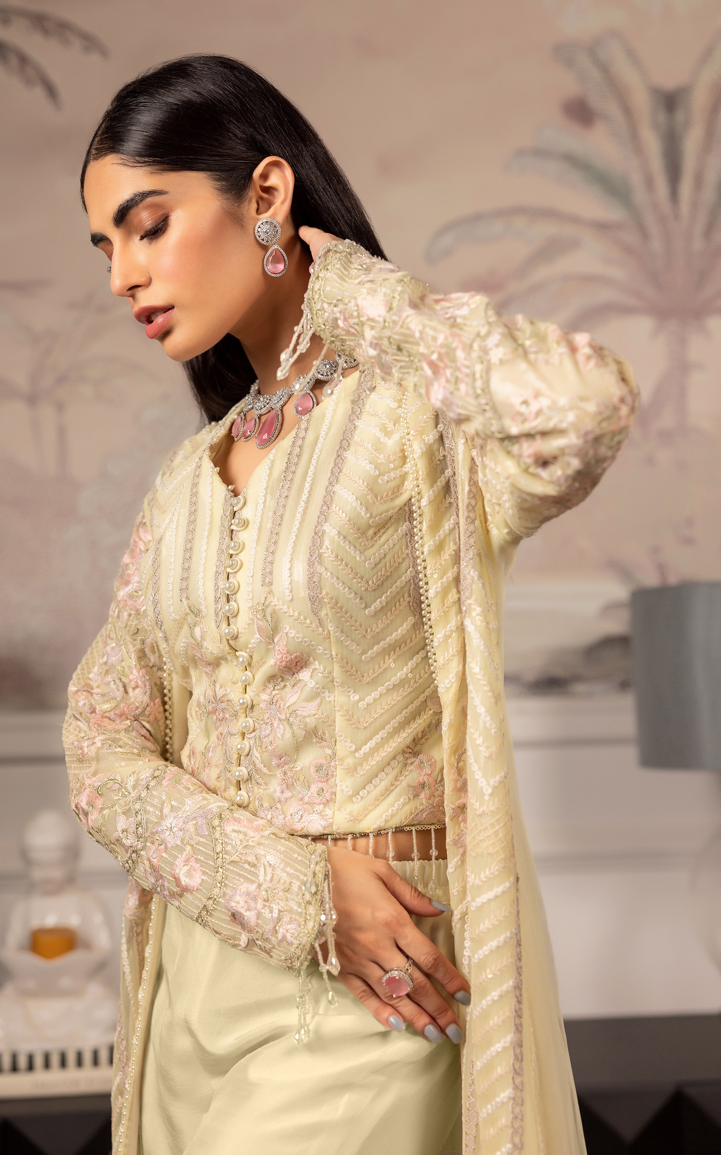 Pakistani Pale Lemon Embroidered Net Long Jacket Dress (3-Piece) - Image 7